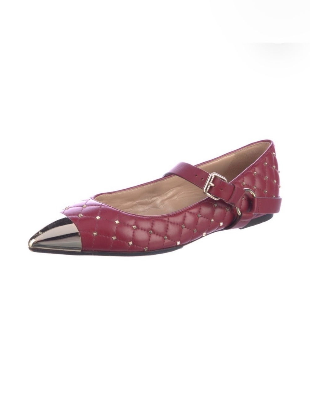 Valentino Garavani Rockstud Mary Jane Ballet Flats Burgundy Red Leather Size 38